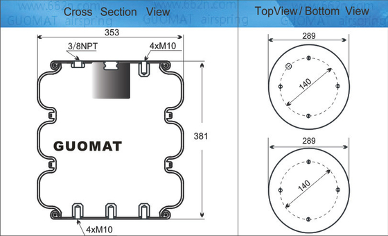 Primavera d'aria industriale 4xM10 viti GUOMAT NO. 3B7383-3/8 Bellow No.3B383 Diametro naturale 351mm